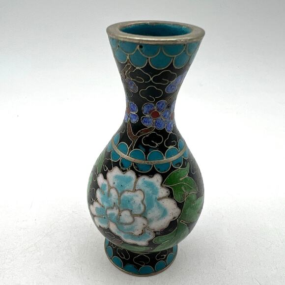 Vtg Miniature Cloisonné Enamel Brass Bud Vase Black Blue White 3" Floral Lotus - Picture 3 of 5